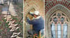 Maurer Jörg Jamm mauert die Fensterbögen in der Jahnkapelle mit Formsteinen neu auf. Aus heutiger Sicht eine wahre Fummelarbeit.