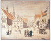 Der Marktplatz von Greifswald mit der Familie Friedrich. Dieses Bild entstand 1818 als Aquarell - am 31. August wird sich genau an diesem Ort alles um den Maler drehen.