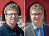 Stefan Fassbinder (Grüne, links) ist seit Montag neuer Oberbürgermeister von Greifswald. Sein bei der Stichwahl unterlegener Kontrahent Jörg Hochheim (CDU) klagt nun gegen die Entscheidung, die Wahl nicht zu wiederholen.