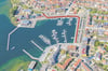 Im Luftbild vom Warener Stadthafen ist der Fahrradweg rot eingezeichnet.