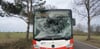 An dem Bus entstanden Schäden in Höhe von rund 25.000 Euro, unter anderem zersplitterte die große Frontscheibe.